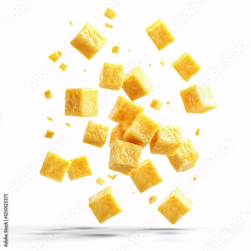 Golden Cubes Falling Against White Background photo