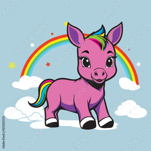 Title:
Adorable cartoon unicorn standing under a rainbow surrounded by clouds
