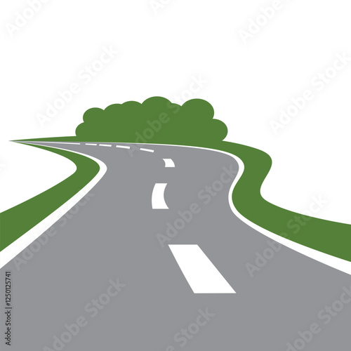 Winding paved road icon with green grassy roadside and curly bushes isolated on white background.  For travel or transportation theme