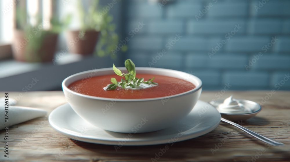 A warm and inviting food setting featuring a bowl of velvety tomato soup with delicate garnishes, resting on an elegant white plate atop a textured wooden table A warm and inviting food setting featuring a bowl of velvety tomato soup with delicate garnishes, resting on an elegant white plate atop a textured wooden table