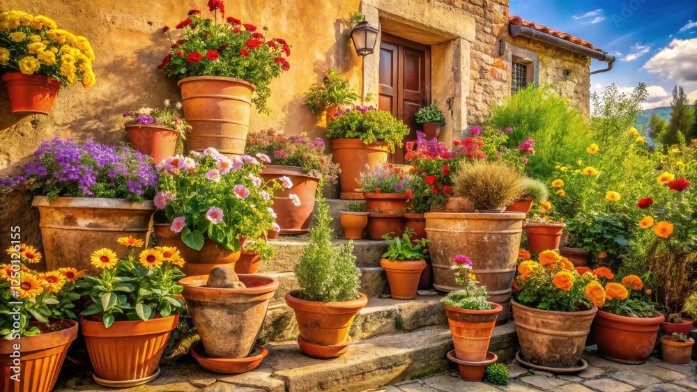 Naklejka premium Tuscan farmhouse charm: rustic Italian flower pots, European pottery, vintage garden decor.