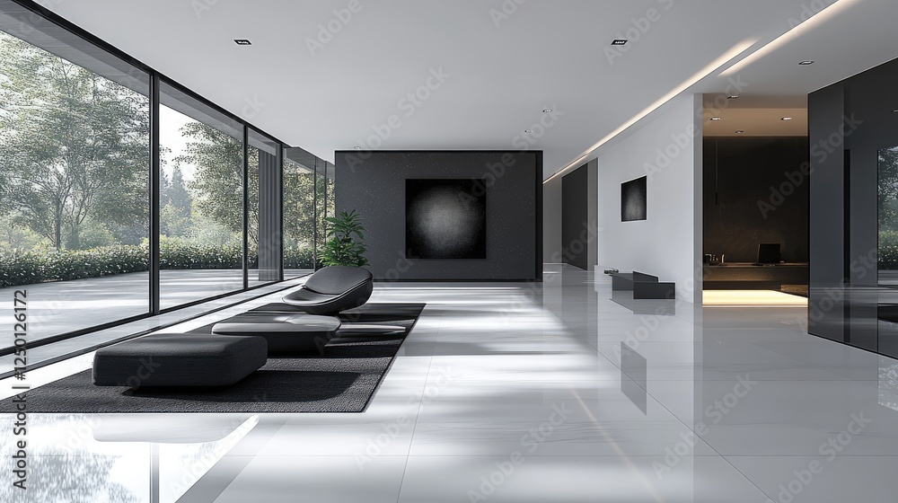 Fototapeta premium Modern minimalist living room with sleek furniture and large windows overlooking a garden
