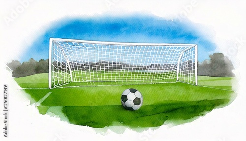 Soccer ball on field. Soccer goal net. Watercolor soccer ball on field. Football. Soccer background. Soccer gate.