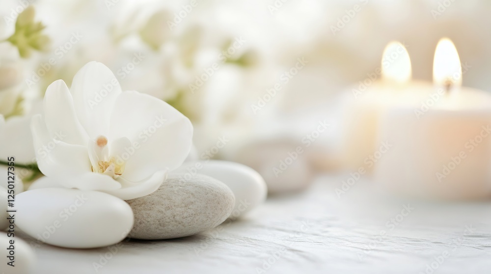Serene Spa Setup Featuring White Orchid Stones and Soft Candle Light for Tranquility : Generative AI Serene Spa Setup Featuring White Orchid Stones and Soft Candle Light for Tranquility : Generative AI