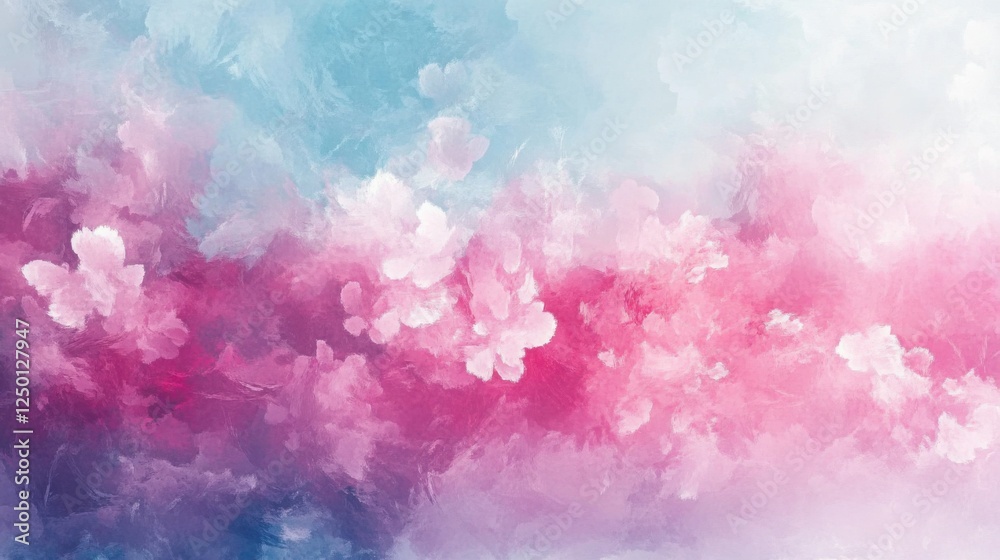 Fototapeta premium Soft Abstract Cherry Blossom Background with Watercolor Blending of Pink Flowers and Light Blue Sky, Artistic and Elegant High-Resolution Spring-Themed Composition