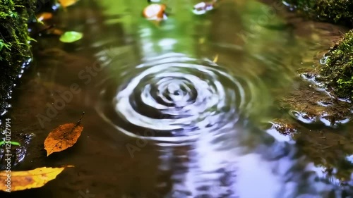 森の中で水たまりに落ちる水滴。映像素材。