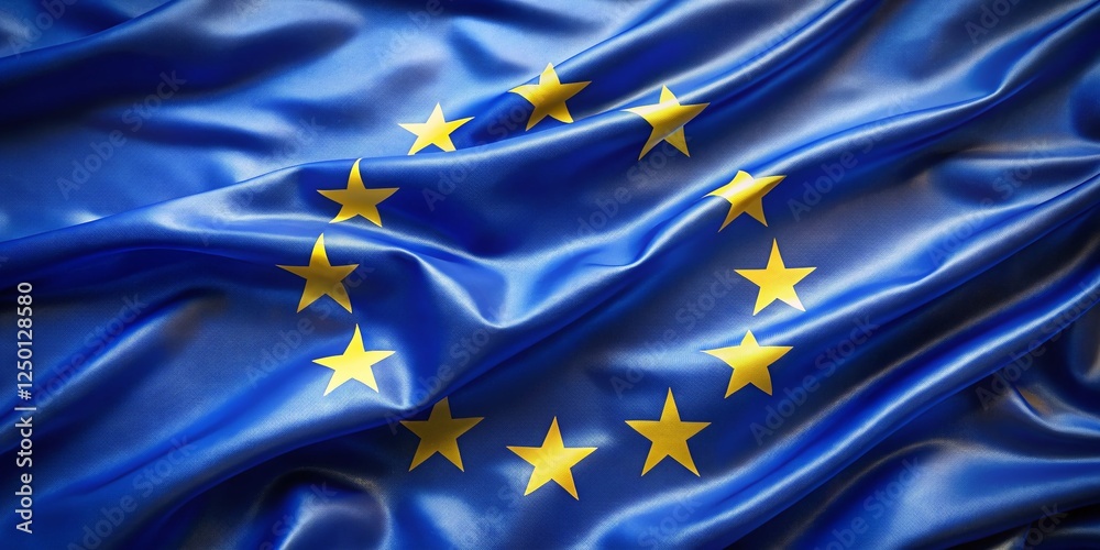 Aerial View of Rippled European Union Flag, Blue and Yellow Stars, Fabric Texture Aerial View of Rippled European Union Flag, Blue and Yellow Stars, Fabric Texture