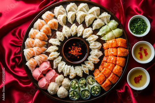 Overhead view of an elaborate dim sum platter featuring a variety of dumplings, rolls, and sauces, arranged on a round tray. Concept of culinary artistry and cultural celebration.