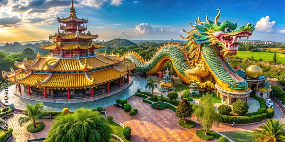 Obraz premium Sweeping panoramic view of Suphan Buri's Dragon Building, a breathtaking centerpiece of Heavenly Dragon Park.