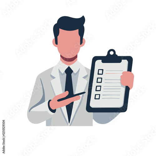 Minimalist salesperson holding clipboard and gesturing toward checklist on plain white background - copy space