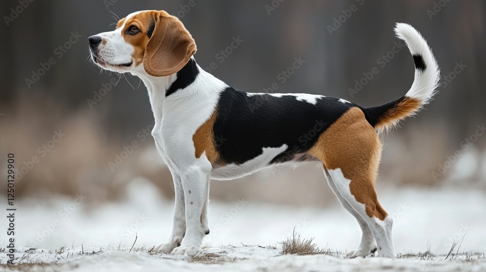 Beagle dog standing in the snow with tail wagging during winter season outdoors in a snowy landscape Beagle dog standing in the snow with tail wagging during winter season outdoors in a snowy landscape