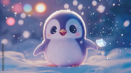 Adorable cartoon penguin in snowy scene with bokeh lights.