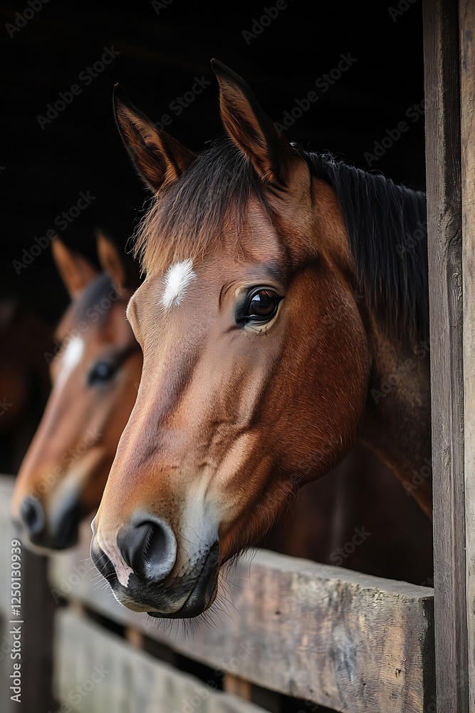 Obraz premium Close up of a beautiful brown horse looking out from a stable with wooden fence : Generative AI