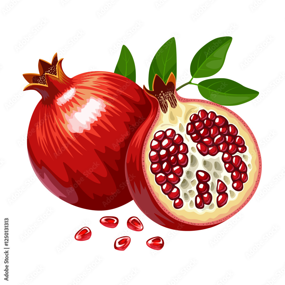 Φωτογραφία Illustration of ripe pomegranate, whole and halved, with green leaves, scientific name Punica granatum, isolated on white background