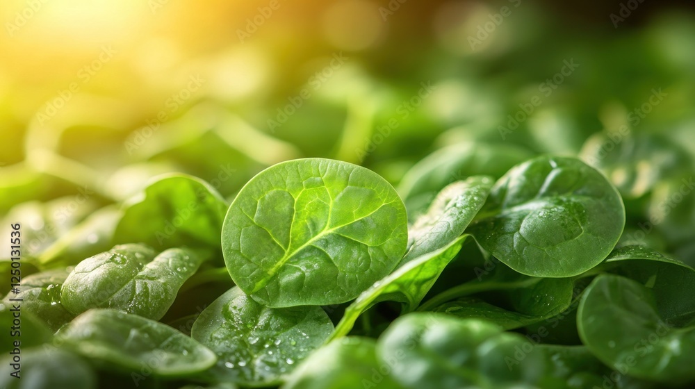 Obraz premium Fresh spinach leaves growing, sunlight, garden, healthy food
