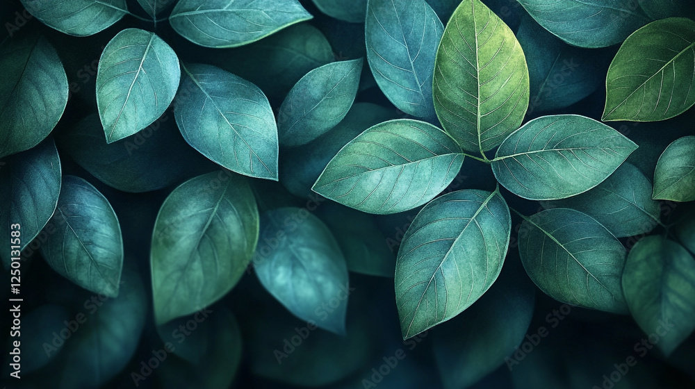 Fototapeta premium Dark Teal Green Lush Leaves Nature Background Botanical Texture view plant fresh photo image scene 