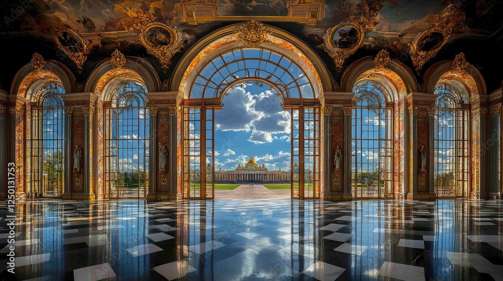 Obraz premium Grand Palace Hall View Through Archway Windows