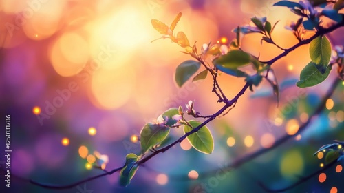 Magical forest scene at dusk with a soft purple and orange sky filtering through budding branches, and gentle fireflies glowing among fresh greenery.  
