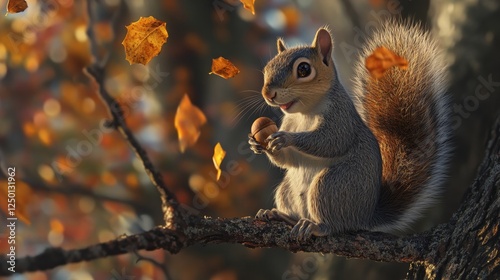 Curious Squirrel with Acorn on Tree Branch in Autumn Setting with Falling Leaves