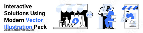Online storefront with cart, delivery services, customer support agent using screen, professional assistance. Ideal for technology, digital marketplace, business growth, customer service, healthcare