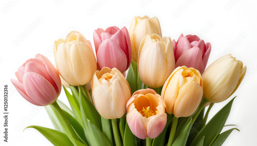 Fototapeta premium Colorful Tulip Bouquet Displayed on a White Background, Vibrant and Elegant