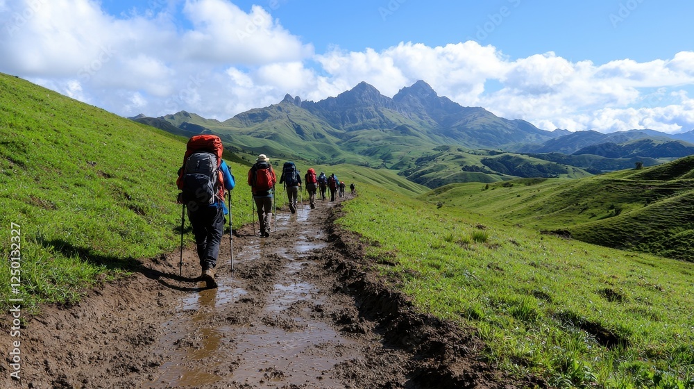 A group of hikers traverses a muddy trail in a lush green landscape, surrounded by mountains and a bright blue sky. A group of hikers traverses a muddy trail in a lush green landscape, surrounded by mountains and a bright blue sky.