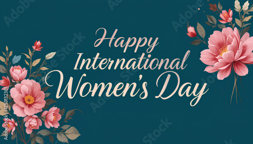 A vibrant floral arrangement featuring pink and red blossoms surrounding text celebrating International Women's Day. The elegant typography and artistry convey warmth and recognition for this special 