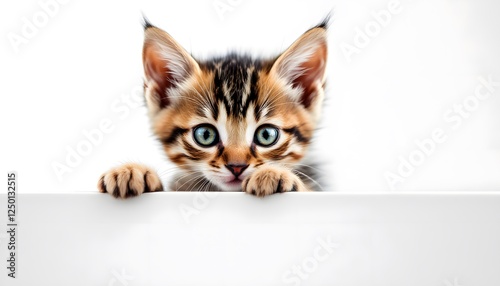 Adorable Kitten Peeking Over White Surface photo