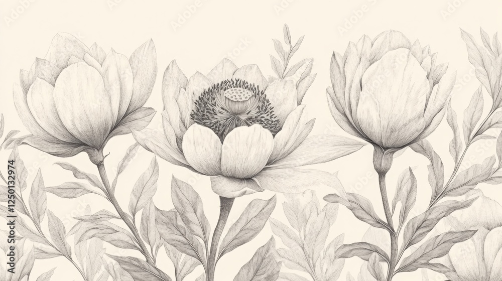 Fototapeta premium High-Detail Botanical Illustration with Realistic Flowers and Foliage Intricately Drawn in Vintage Ink-Style, Timeless and Elegant Aesthetic