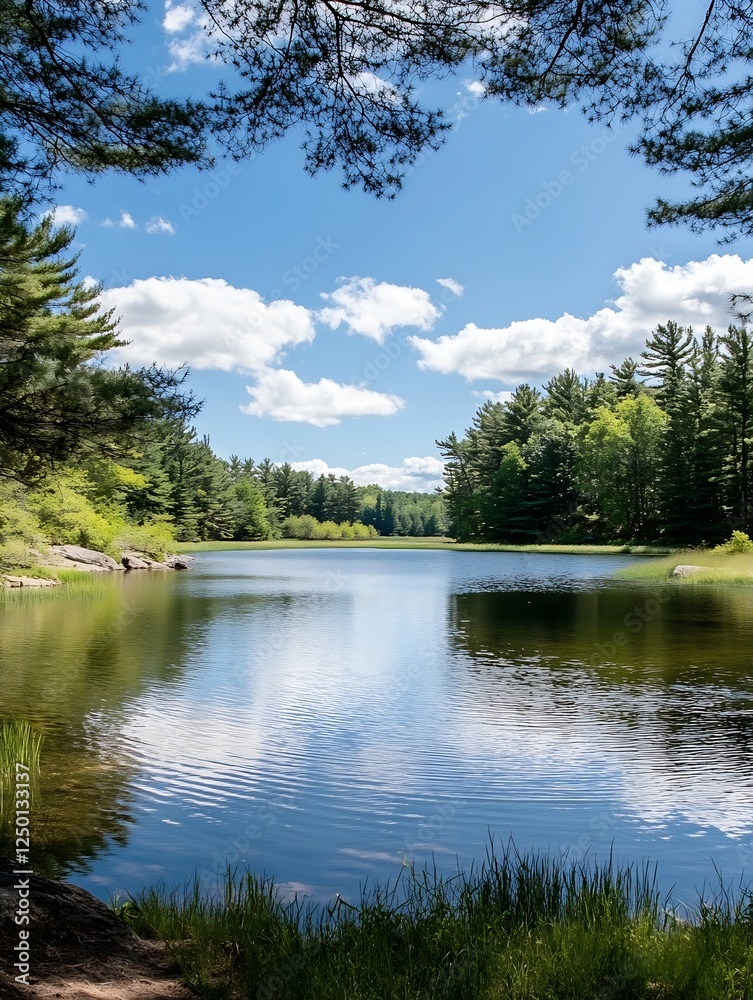 Obraz premium Tranquil Scenic View of a Serene Lake Surrounded by Lush Green Trees on a Sunny Day : Generative AI
