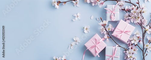Pink gift boxes and cherry blossom branches on light blue background with copy space. Spring celebration concept for Mother's Day, Valentine's Day, Women's Day 