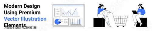 Chart-filled dashboard on monitor and two individuals interacting with shopping cart and devices. Ideal for data analysis, e-commerce, tech services, consumer behavior, finance, teamwork, flat