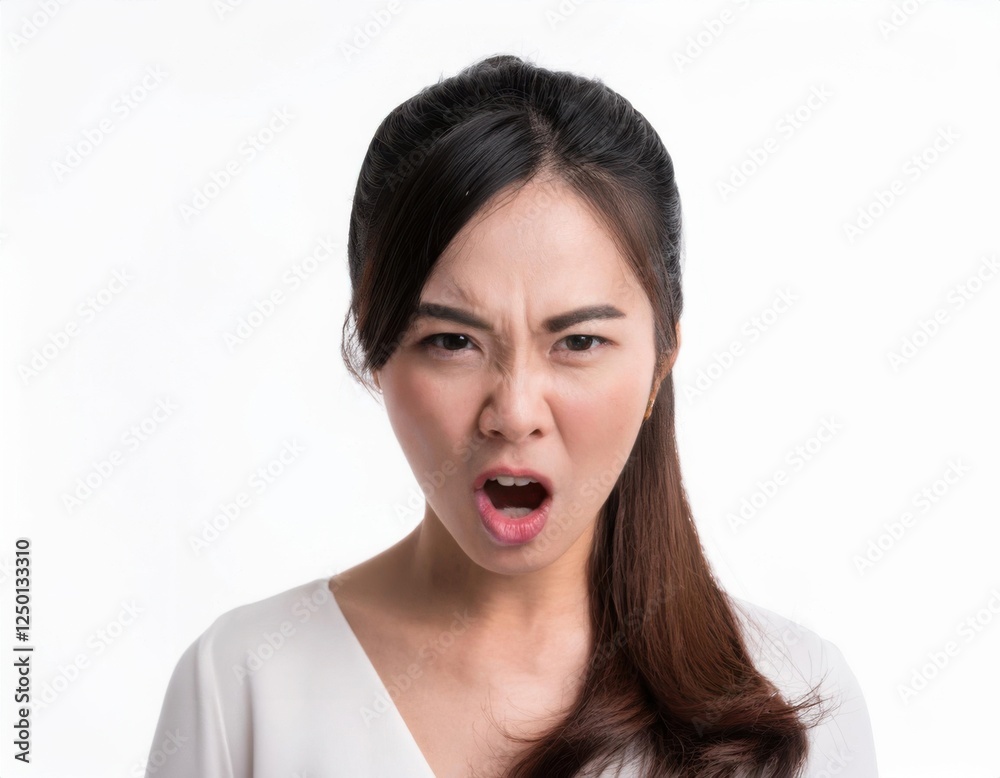 head shoot portrait of angry asian women isolated on white head shoot portrait of angry asian women isolated on white