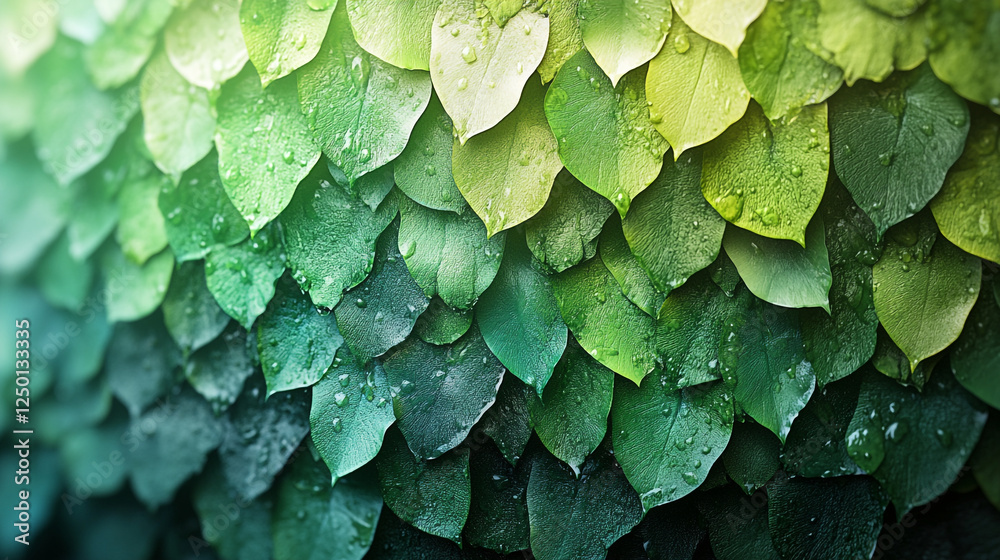 Fototapeta premium Vibrant Green Leaves Lush Nature Water Drops Background Texture wet dew leaf plant fresh image photo