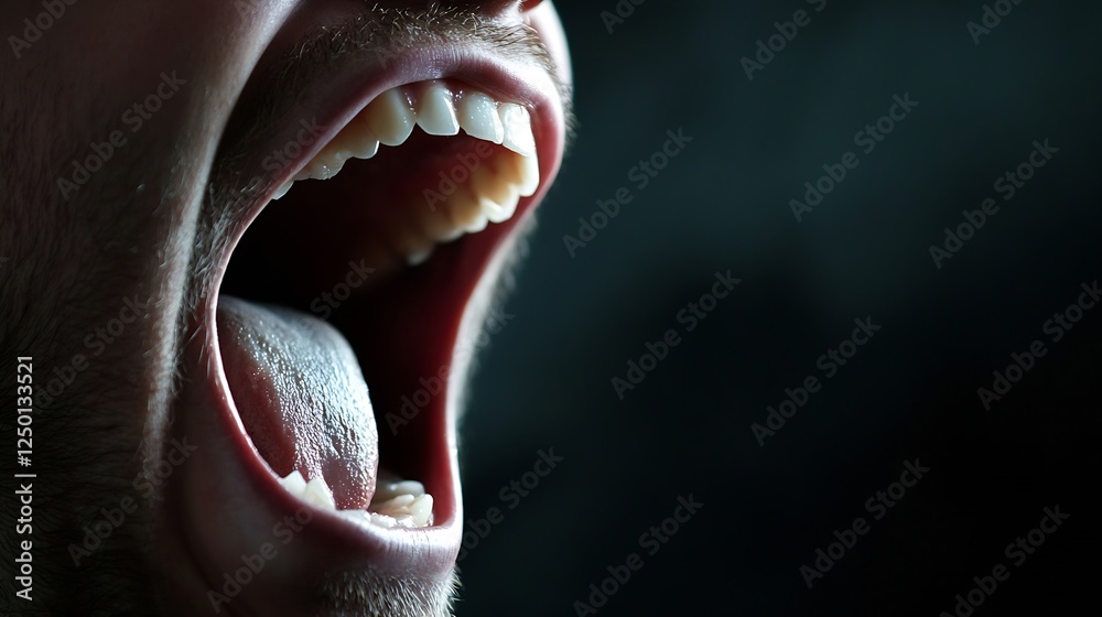 Close Up of a Man Yelling Expressing Strong Emotions in Darkness : Generative AI Close Up of a Man Yelling Expressing Strong Emotions in Darkness : Generative AI
