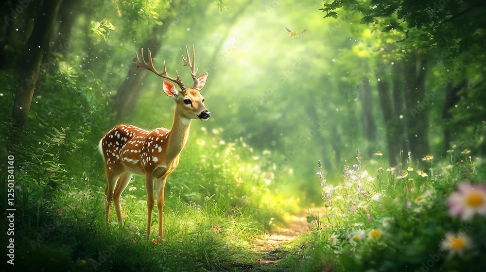 Fototapeta premium Majestic deer in sunlit forest clearing with wildflowers.