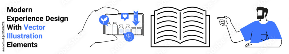 Hand interacting with data tools, open book symbolizing knowledge, and character pointing for guidance. Ideal for education, tech tutorials, digital learning, UX design, infographics, modern design Hand interacting with data tools, open book symbolizing knowledge, and character pointing for guidance. Ideal for education, tech tutorials, digital learning, UX design, infographics, modern design