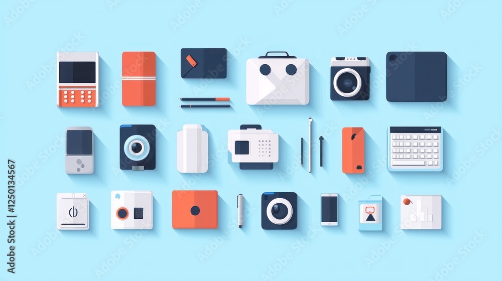 A colorful arrangement of modern gadgets and devices on a blue background, showcasing technology and design in a flat lay style. A colorful arrangement of modern gadgets and devices on a blue background, showcasing technology and design in a flat lay style.