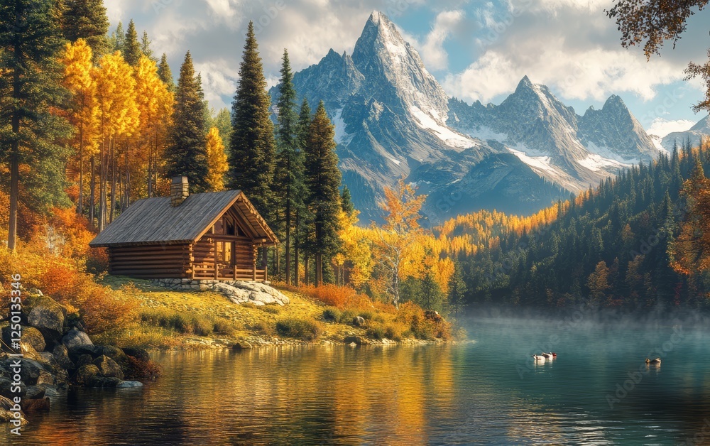 Fototapeta premium Autumn cabin by mountain lake, serene fall landscape