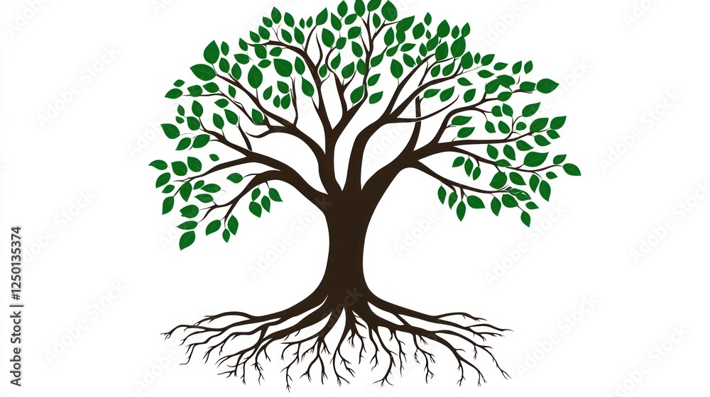 Fototapeta premium Lush green tree, deep roots, white background, nature illustration, website design