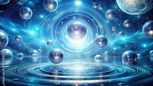 Mysterious swirling orbs suspended in a light blue mystical portal background, cosmic, abstract,  cosmic, abstract