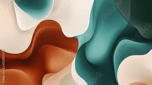 Modern Abstract Gradient Backgrounds with Organic Shapes on Non-Contrast, Octane Render Style, Undulating Lines in Mocha Mousse, Teal, Rust Brown, and Bone