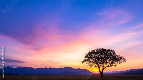 Stunning Sunset Over Mountains with Lone Tree Silhouetted in the Foreground : Generative AI