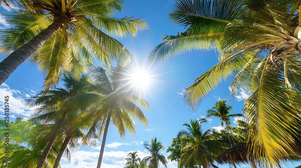 Vibrant Tropical Scene with Palm Trees and Bright Sun in Clear Blue Sky : Generative AI Vibrant Tropical Scene with Palm Trees and Bright Sun in Clear Blue Sky : Generative AI