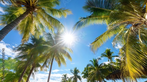 Wallpaper Mural Vibrant Tropical Scene with Palm Trees and Bright Sun in Clear Blue Sky : Generative AI Torontodigital.ca