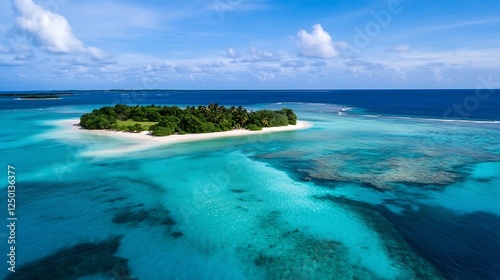 Aerial view of a stunning tropical island with clear blue water and lush greenery in the Maldives : Generative AI