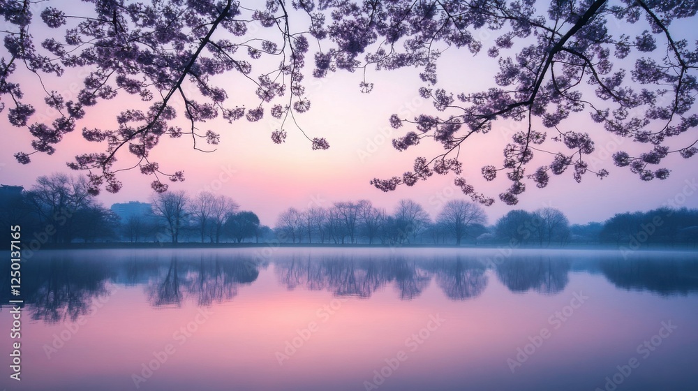 Fototapeta premium Romantic Spring Evening with Cherry Blossom Trees Silhouetted Against a Soft Pink and Lavender Sky, Twilight Glow Reflecting on a Calm Lake