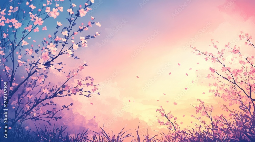 Fototapeta premium Serene Spring Dusk Background with Soft Pastel Sky, Silhouetted Blossoming Trees, and Gentle Fading Sunlight