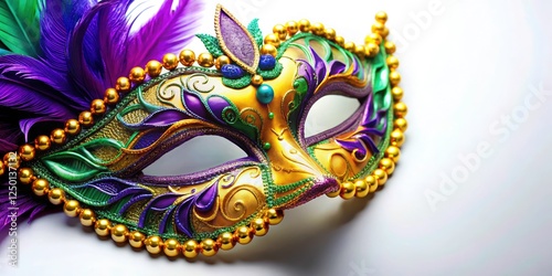 This colorful, festive Venetian-style mask, adorned with feathers, is ideal for parties and costumes, beautifully set against a white backdrop.