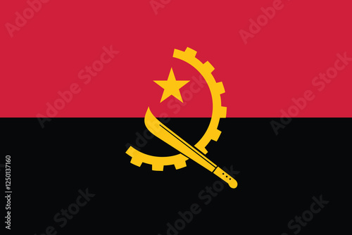 Angola flag. The official ratio. Flag icon. Standard color. Standard size. A rectangular flag. Computer illustration. Digital illustration. Vector illustration.